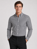 Men wearing black striped button down long sleeve shirt slim fit business casual office style