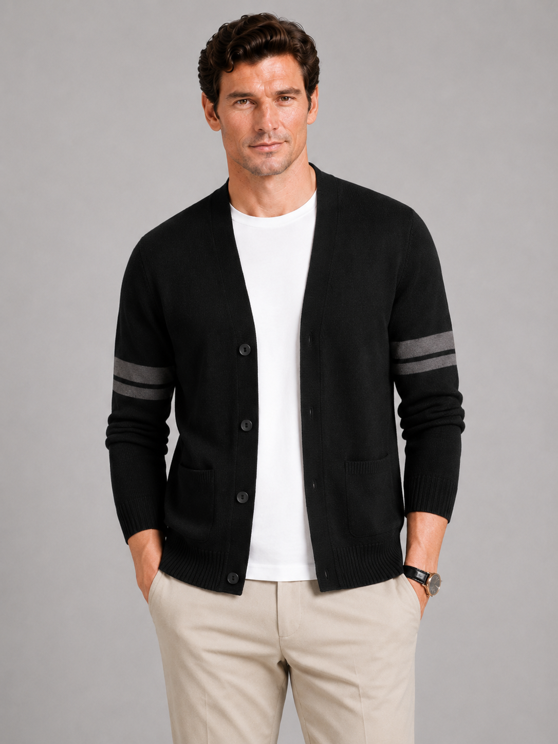 Men wearing black striped cardigan sweater long sleeve color block knit spring business casual style