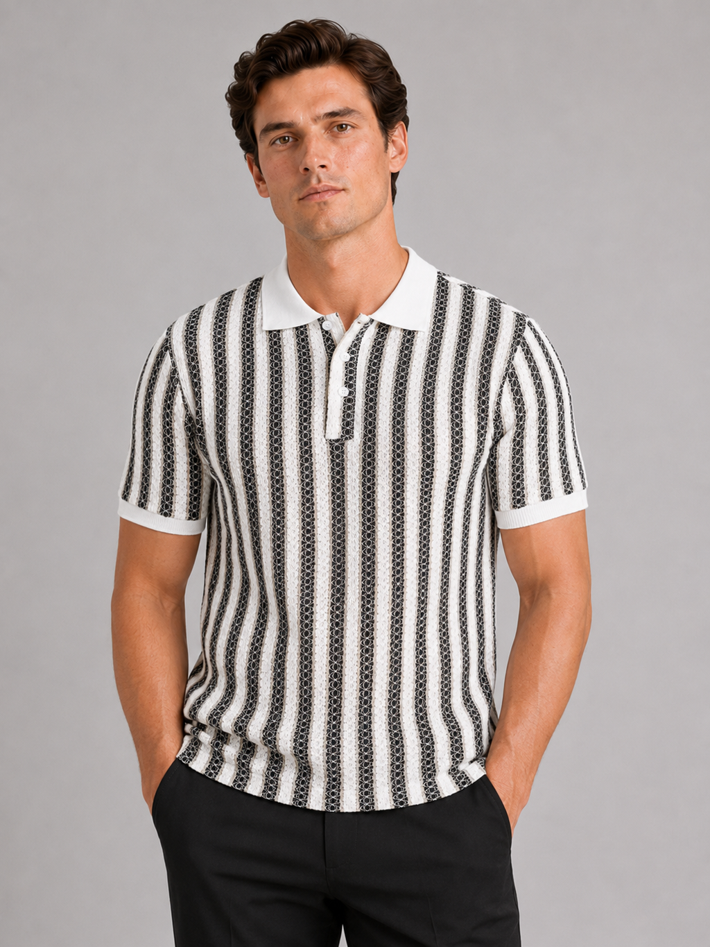 Men wearing black striped ice silk polo shirt short sleeve breathable lightweight summer style