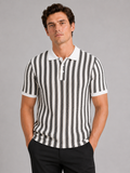 Men wearing black striped ice silk polo shirt short sleeve breathable lightweight summer style