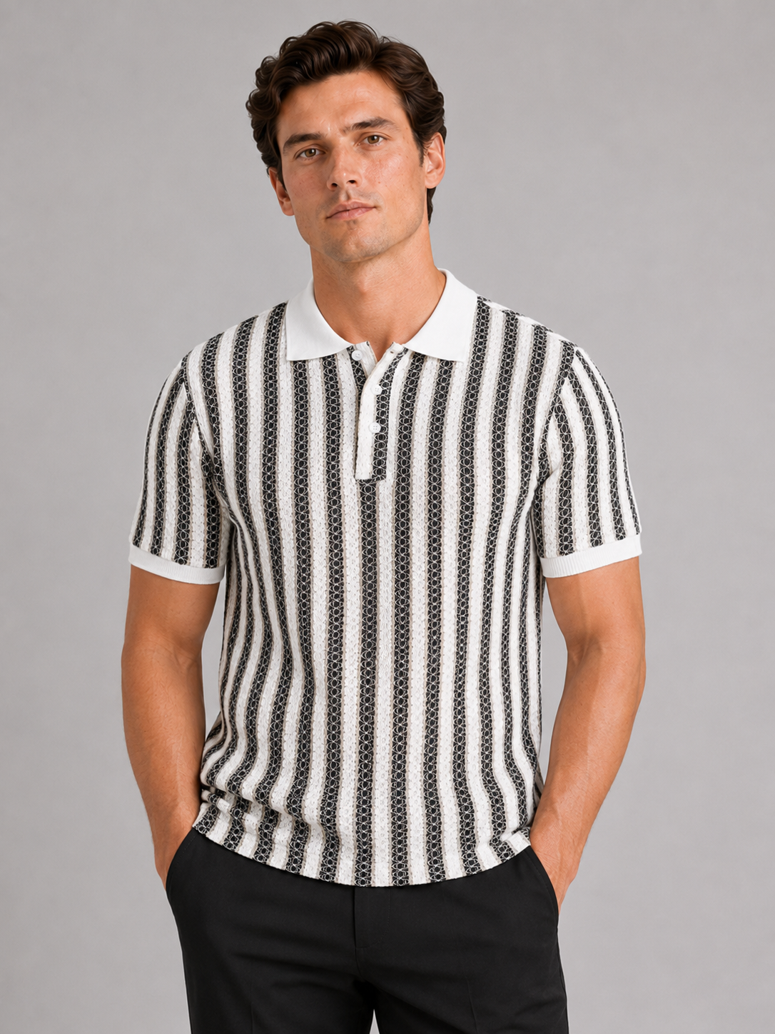 Men wearing black striped ice silk polo shirt short sleeve breathable lightweight summer style