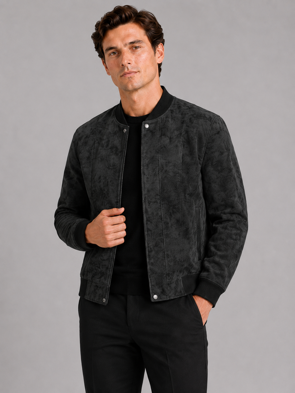 Men wearing black suede bomber jacket stand collar windproof moto jacket fall casual style