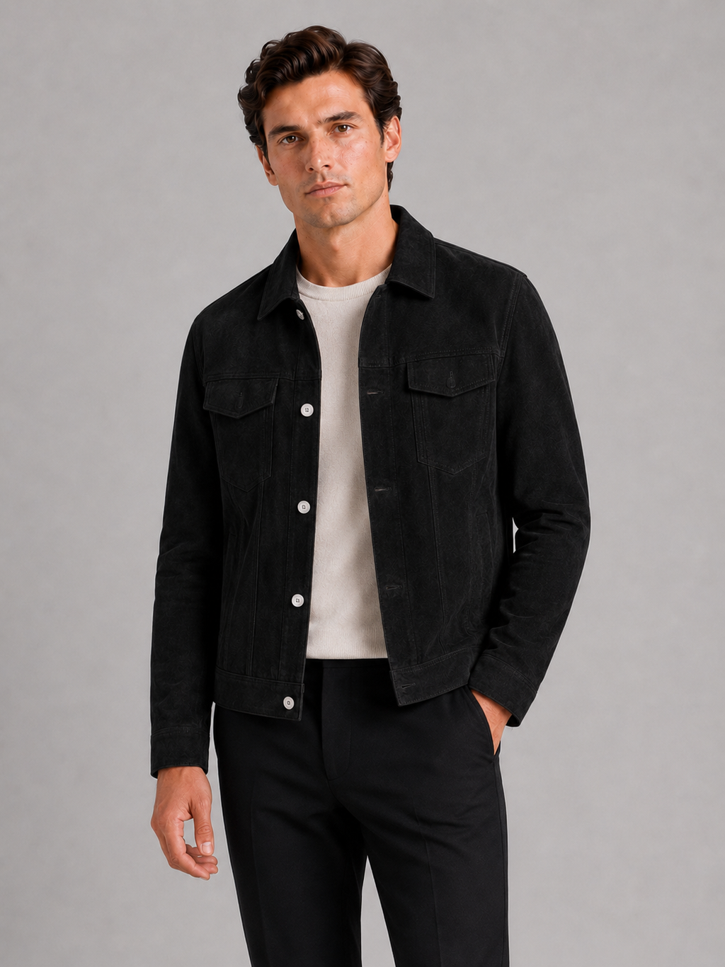 Men wearing black suede fall jacket slim fit turn down collar business casual style
