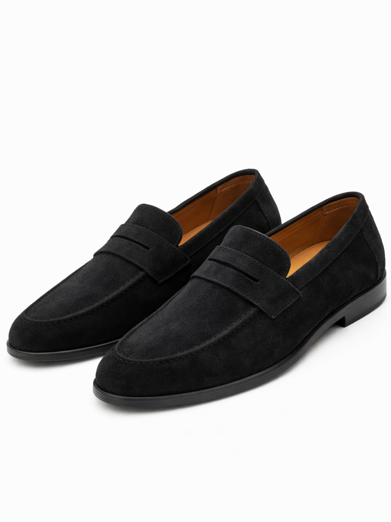 Black suede leather loafers slip on lightweight driving shoes soft comfortable refined casual wear