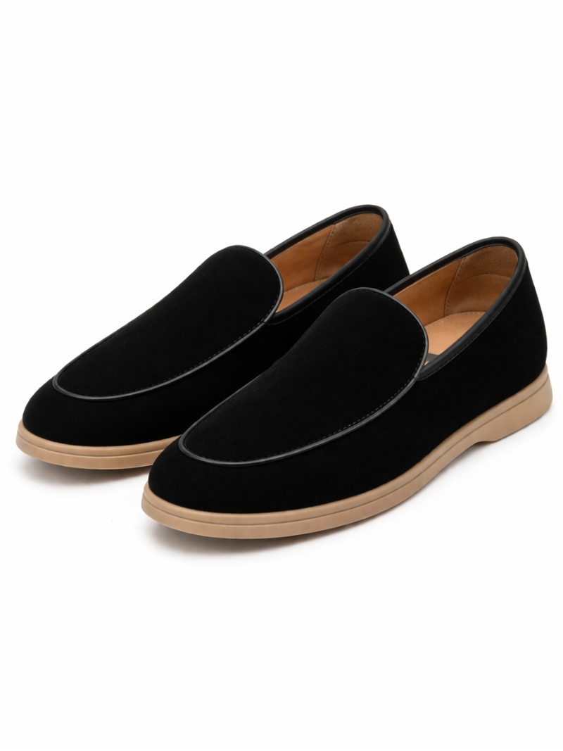 Black suede loafers soft lightweight slip on driving shoes minimal sleek quiet luxury look