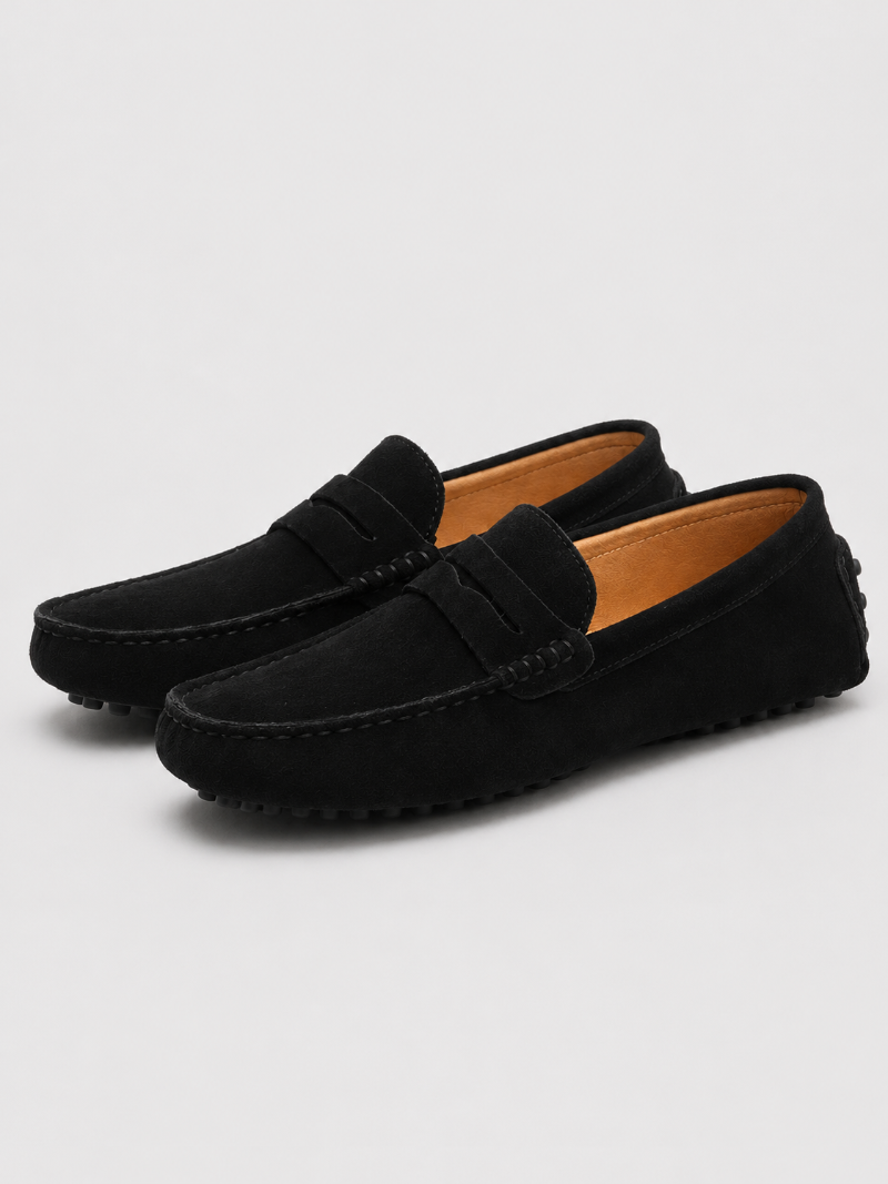 Black suede penny loafers for men genuine leather moc toe design lightweight casual shoes