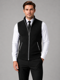 Men wearing black full zip sweater vest stand collar slim fit knit fall winter business casual style