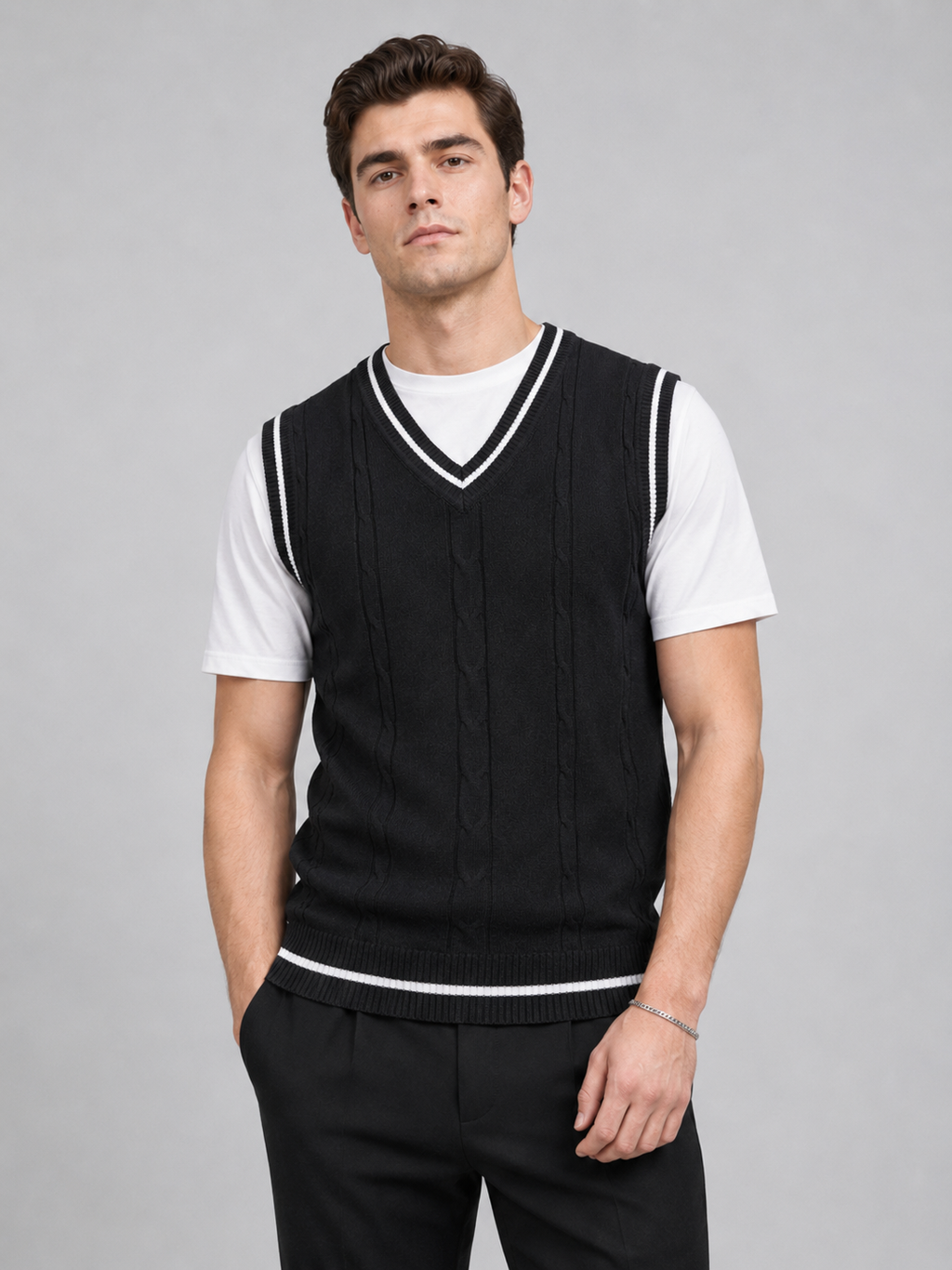 Men wearing black sweater vest v neck slim fit patchwork knit fall winter business casual style