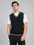 Men wearing black sweater vest v neck slim fit patchwork knit fall winter business casual style