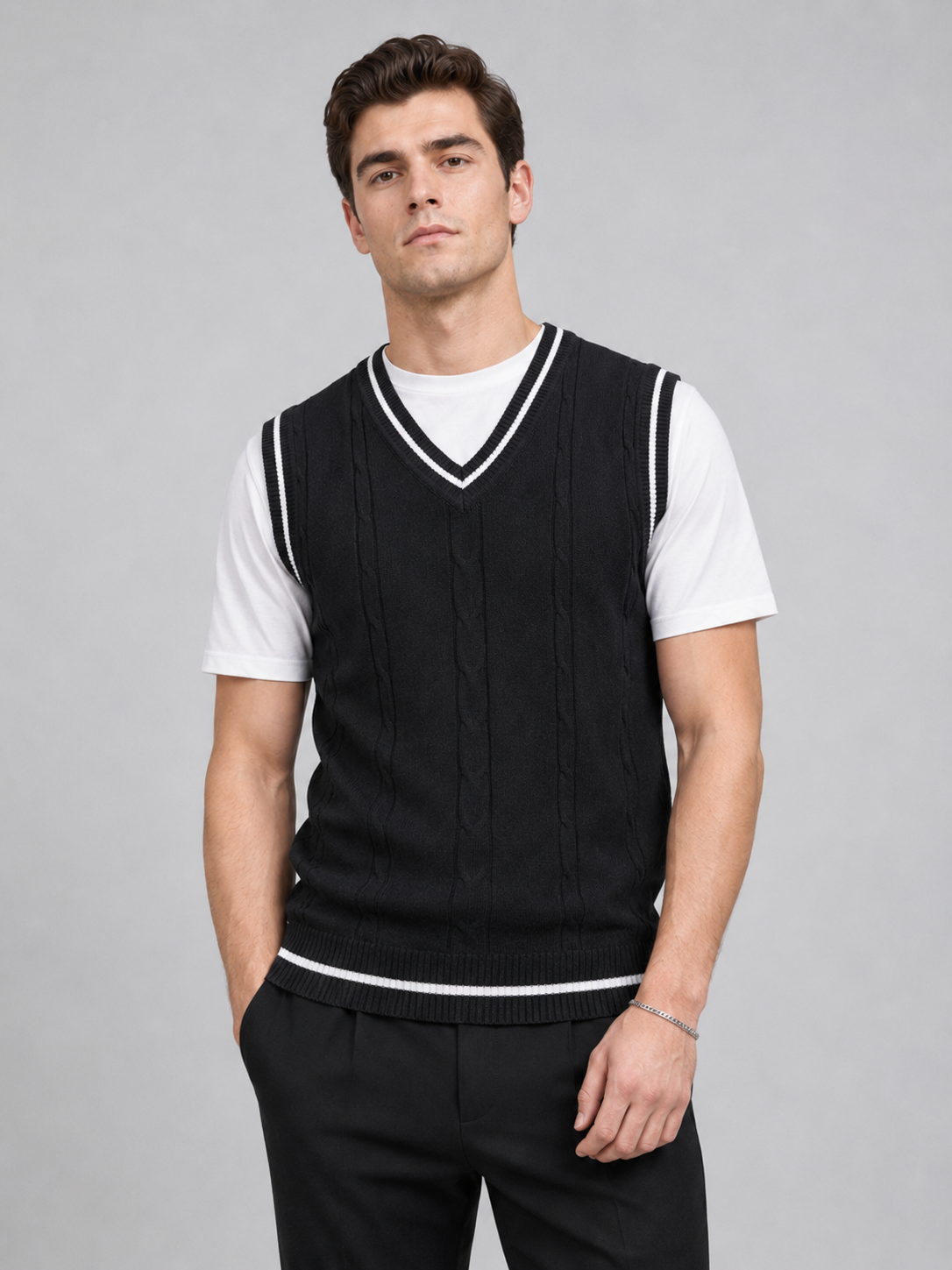 Men wearing black sweater vest v neck slim fit patchwork knit fall winter business casual style