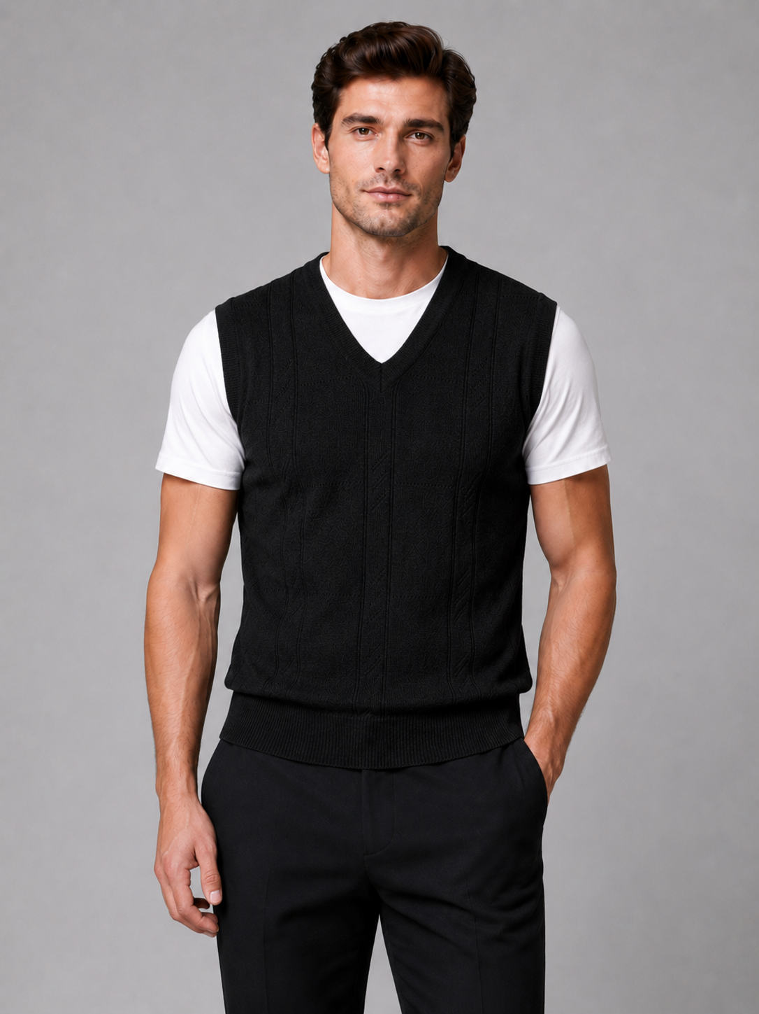 Men wearing black v neck sweater vest solid color knit fall winter business casual style