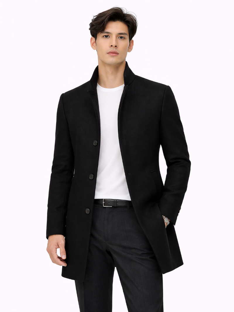 Men wearing black wool blend trench coat tailored fit refined modern outerwear