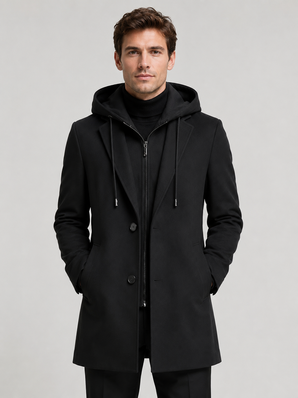 A man wearing a black wool hooded trench coat, warm winter business casual outfit, clean studio background