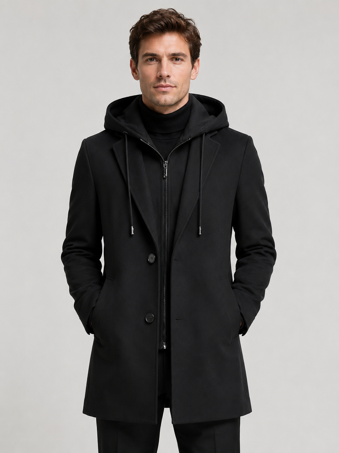 A man wearing a black wool hooded trench coat, warm winter business casual outfit, clean studio background