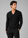 Men wearing black v neck cardigan sweater slim fit knit long sleeve spring fall business casual style