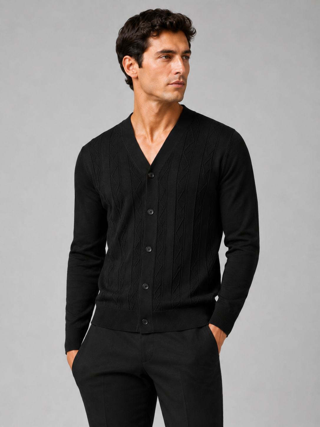 Men wearing black v neck cardigan sweater slim fit knit long sleeve spring fall business casual style
