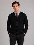 Men wearing black v neck cardigan sweater slim fit long sleeve knit business casual style