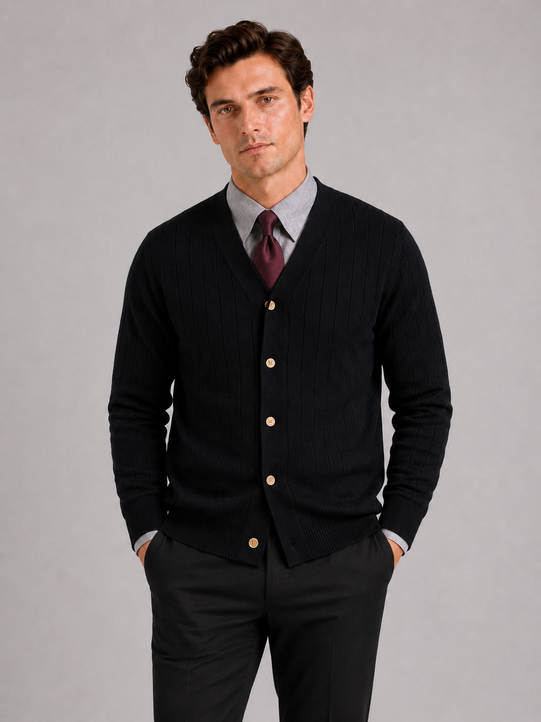 Men wearing black v neck cardigan sweater slim fit long sleeve knit business casual style
