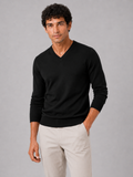 Men wearing black v neck knit sweater slim fit long sleeve lightweight fall business casual style