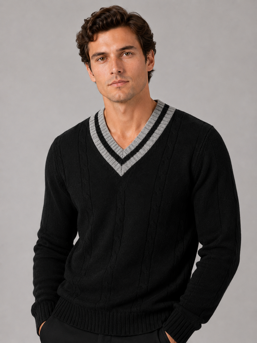 Men wearing black v neck knit sweater breathable warm long sleeve fall winter casual style