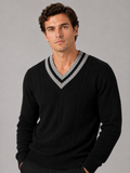 Men wearing black v neck knit sweater breathable warm long sleeve fall winter casual style
