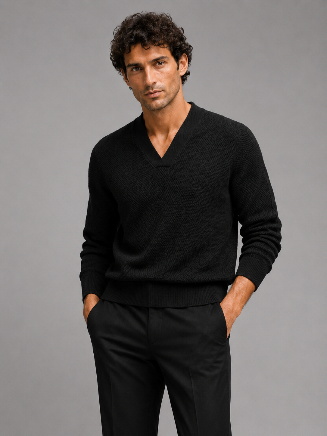 Men wearing black v neck heavyweight knit sweater thick long sleeve fall winter style