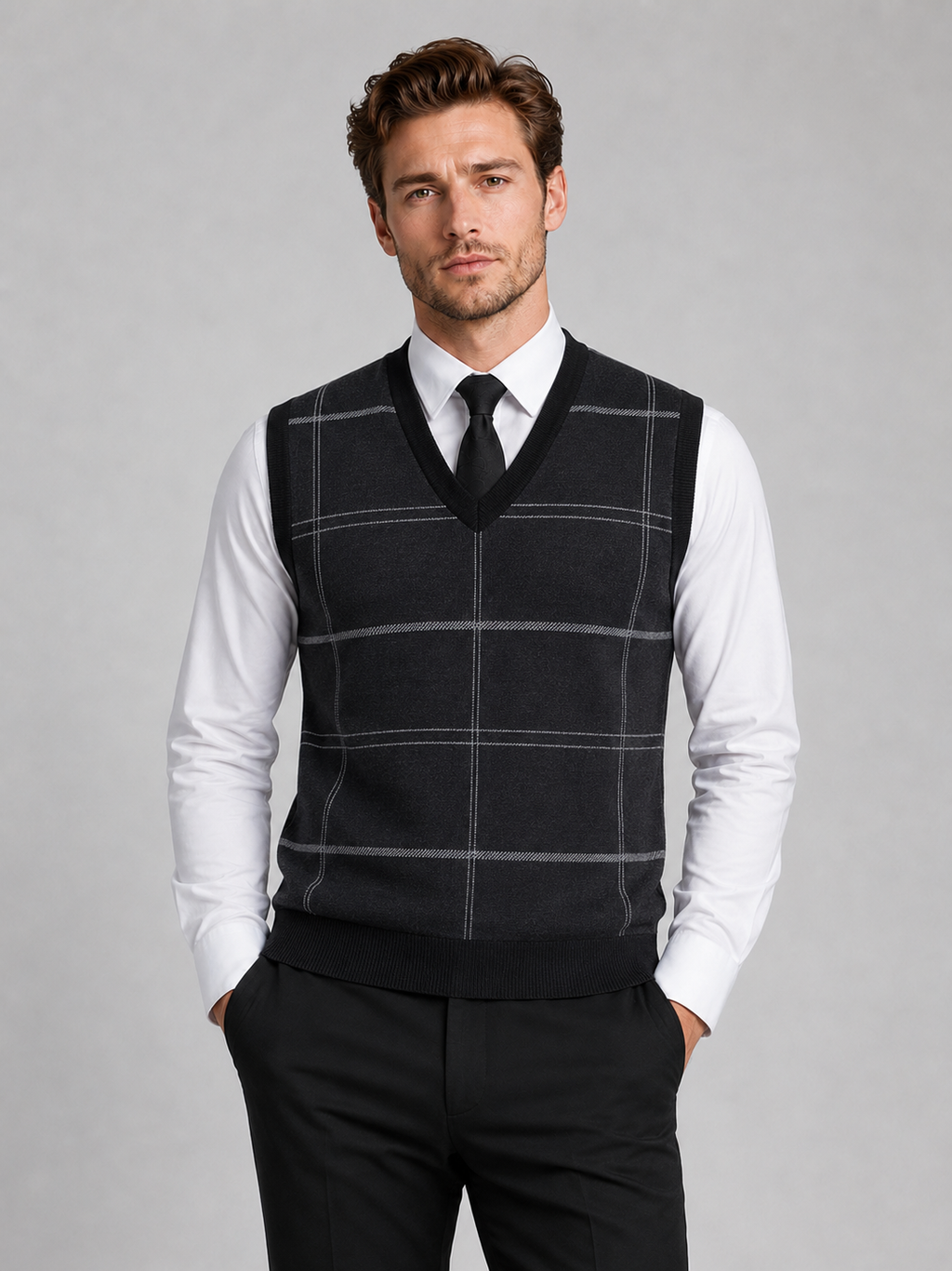 Front view of a man wearing a black V-neck sweater vest with a diamond cable knit pattern and warm pullover design