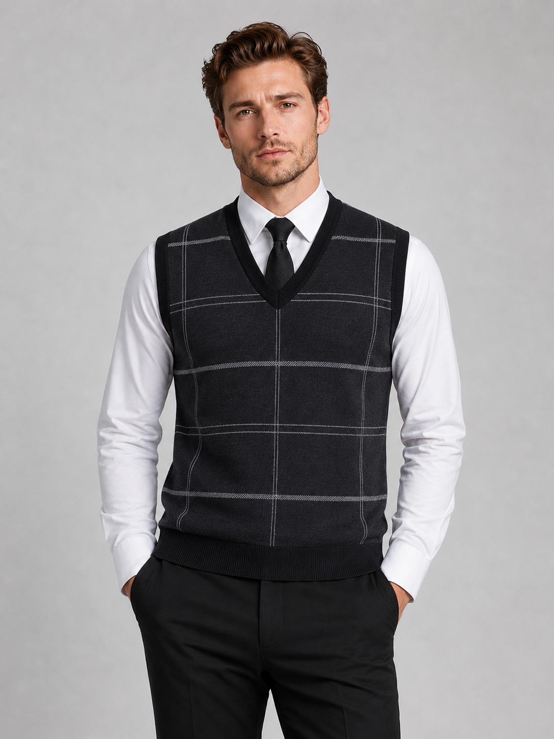 Front view of a man wearing a black V-neck sweater vest with a diamond cable knit pattern and warm pullover design