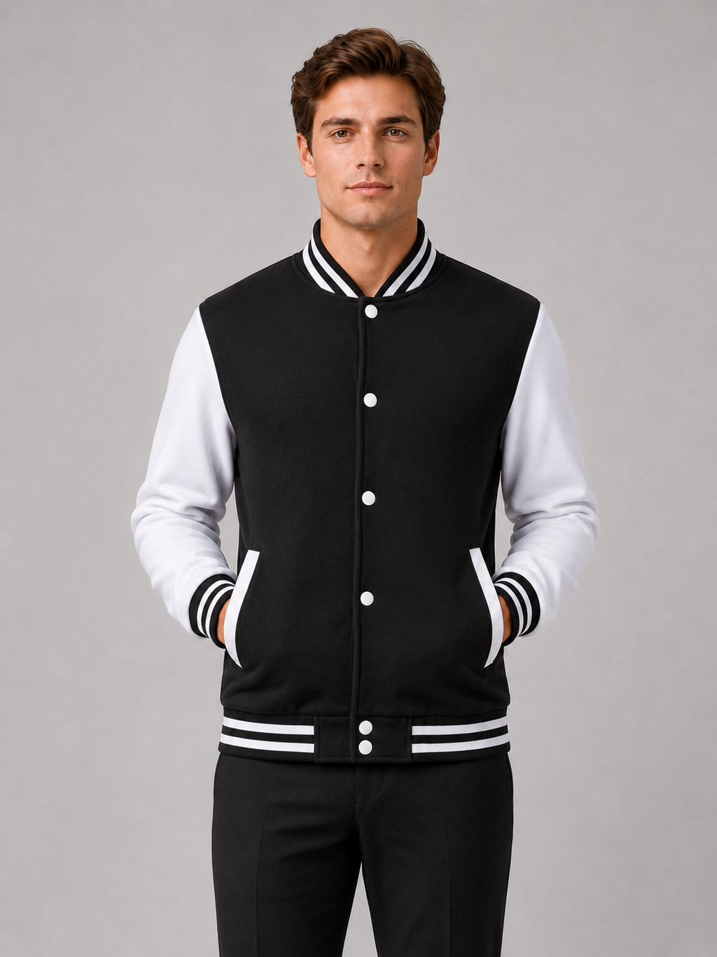 Men wearing black varsity jacket fleece lined color block button front fall winter baseball style