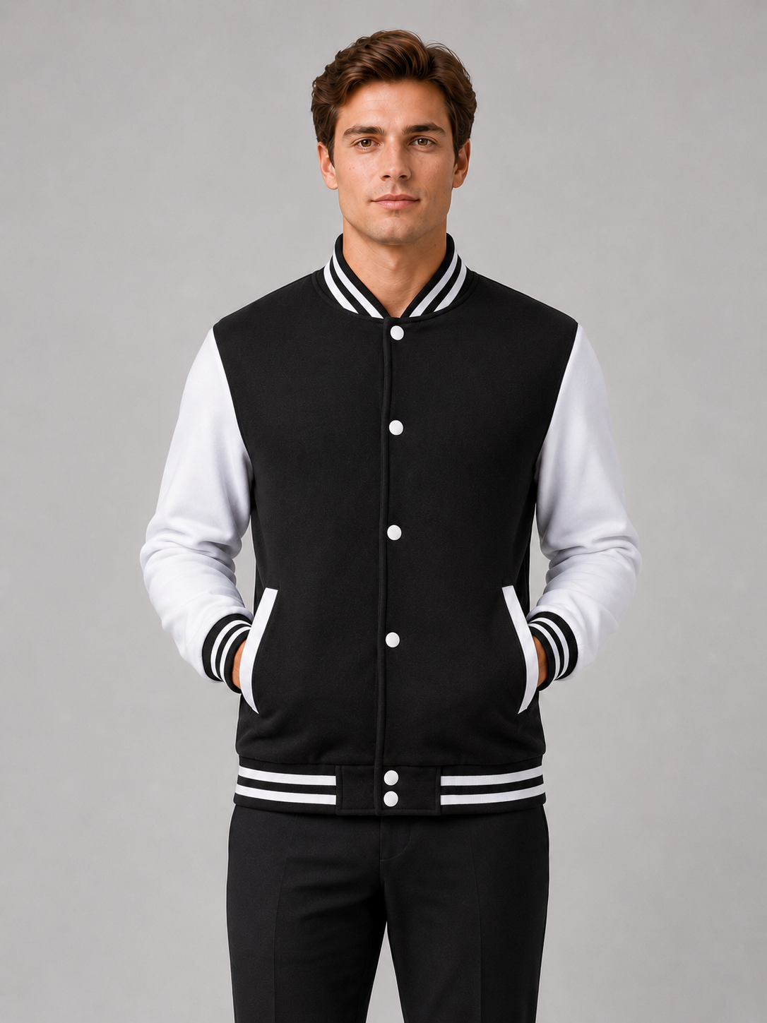 Men wearing black varsity jacket fleece lined color block button front fall winter baseball style