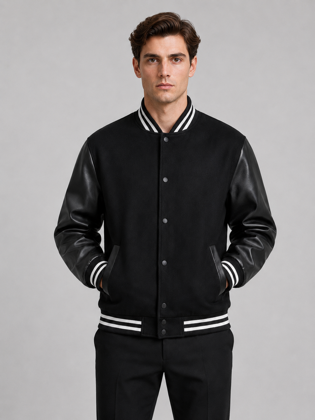 Men wearing black varsity jacket with leather sleeves and wool blend bomber style for fall winter