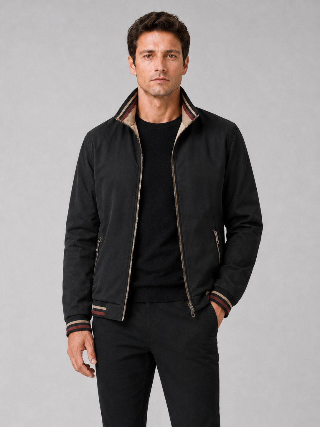 Men wearing black varsity jacket reversible snap button baseball jacket for streetwear style