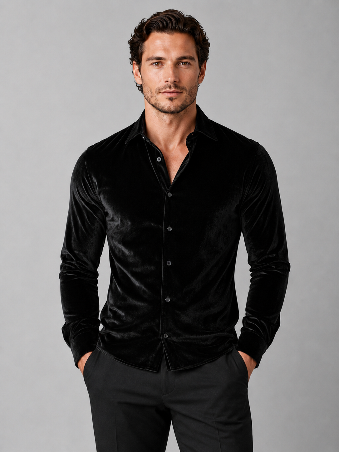 Men wearing black velvet button up shirt long sleeve lapel fall winter business casual style
