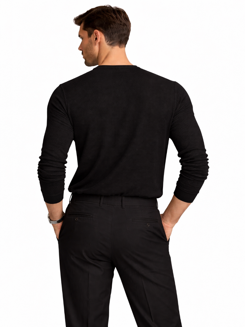 Black cotton waffle henley shirt long sleeve textured fabric breathable lightweight refined casual wear