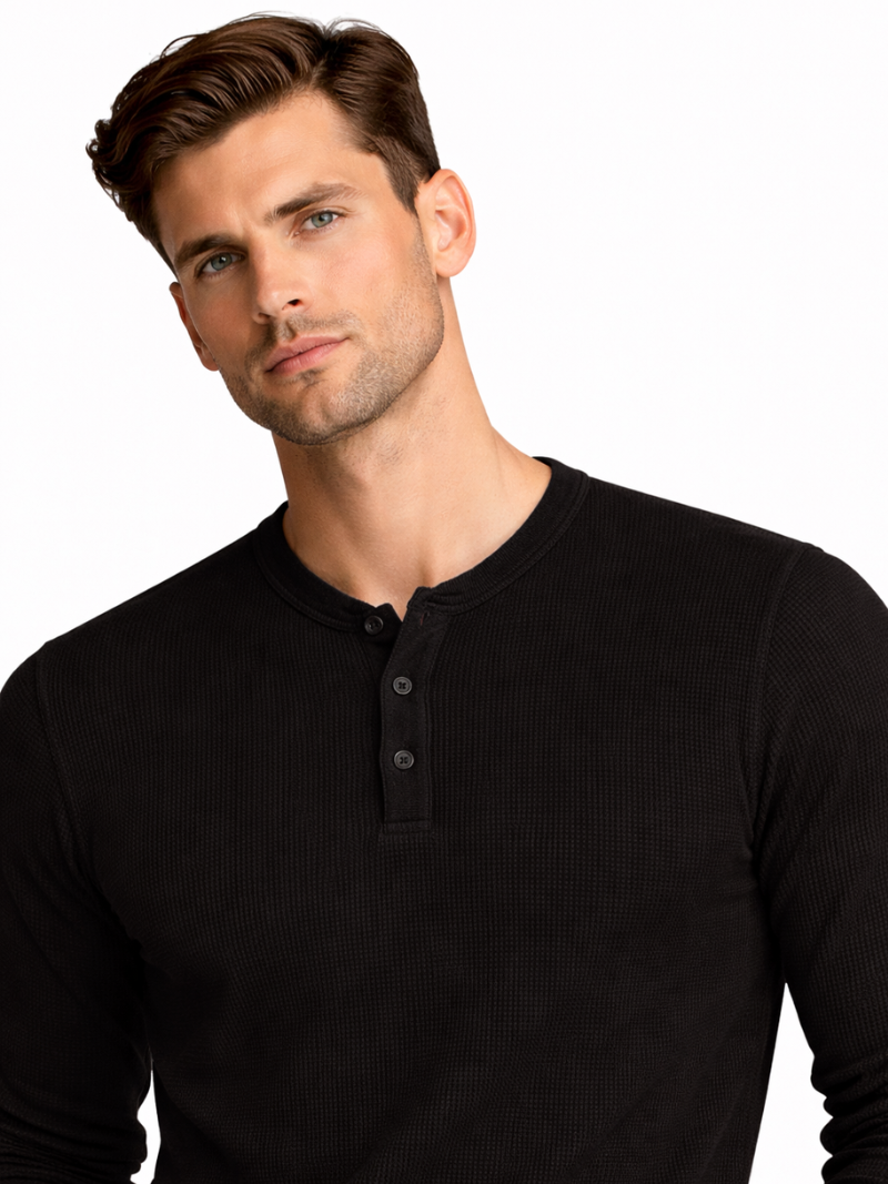 Men’s black waffle henley shirt soft cotton long sleeve comfortable breathable everyday outfit