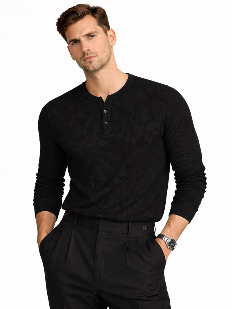 Men wearing black cotton waffle henley long sleeve shirt soft breathable lightweight modern luxury style