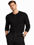 Men wearing black cotton waffle henley long sleeve shirt soft breathable lightweight modern luxury style