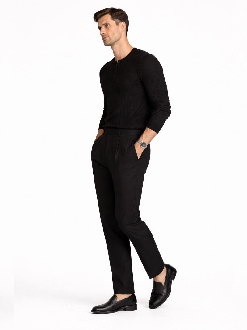 Black cotton waffle henley long sleeve shirt minimal soft fabric elevated smart casual look
