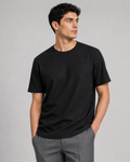 Men wearing black waffle knit t shirt crew neck lightweight relaxed summer casual style
