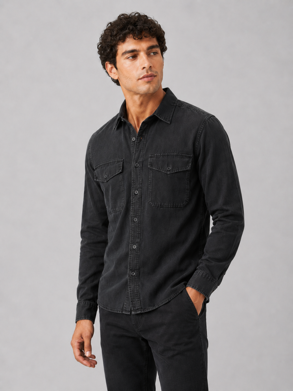 Men wearing black cotton washed work shirt long sleeve double pocket casual button up style