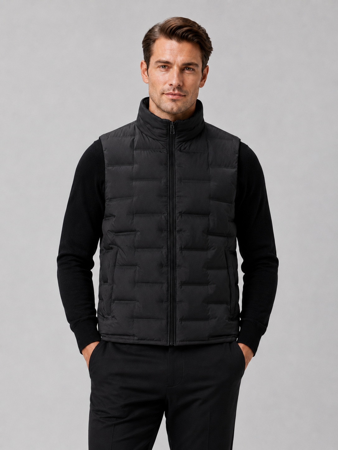 Men wearing black white duck down vest stand collar windproof waterproof lightweight winter casual style