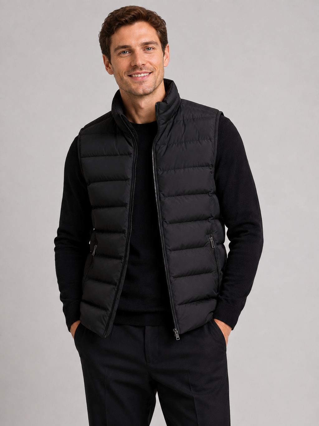 Front view of a man wearing a black windproof puffer vest with thick insulation, sleeveless design, and full zip front