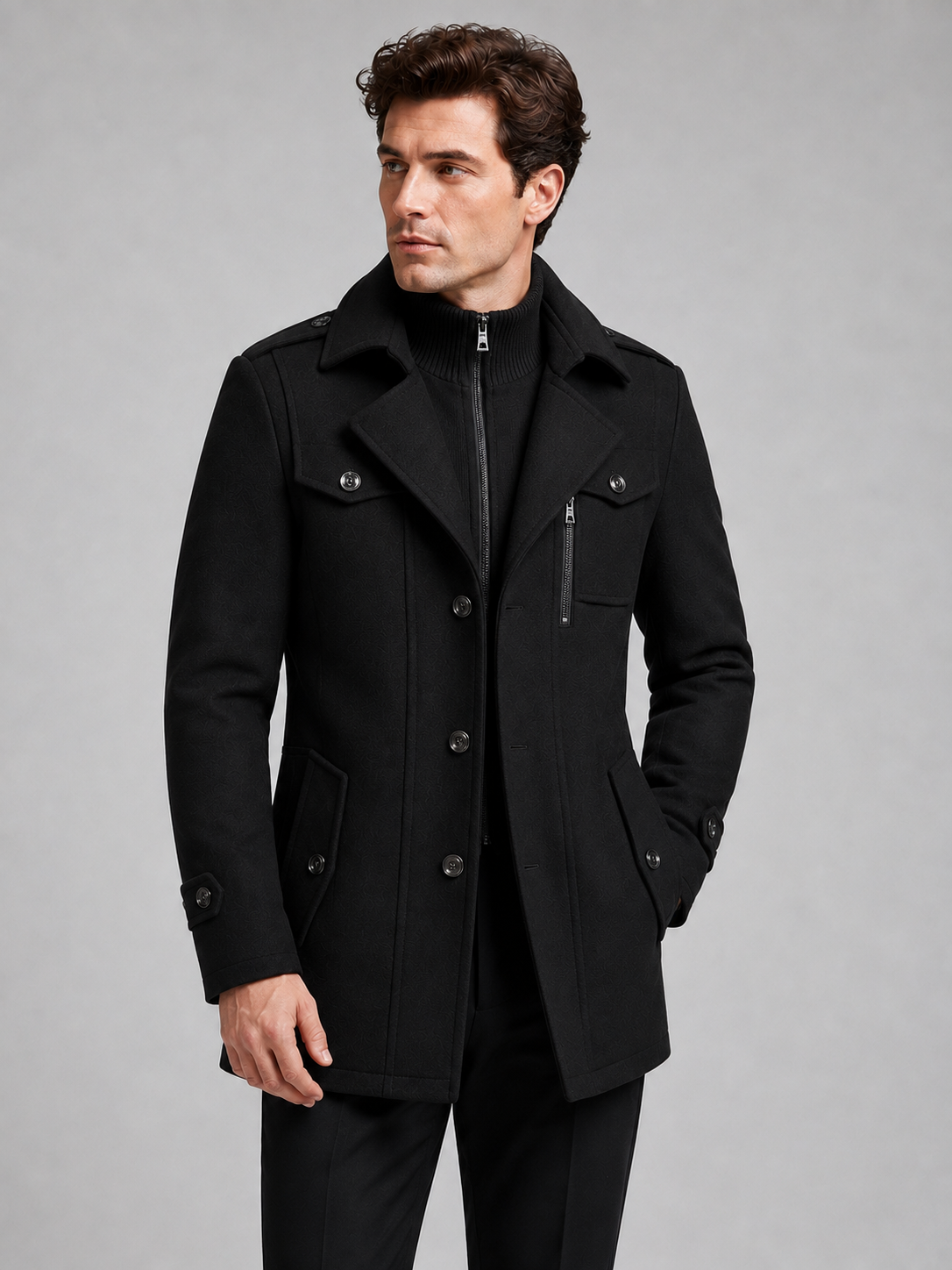 Front view of a man wearing a black wool overcoat with a double collar, long sleeves, and warm business casual design