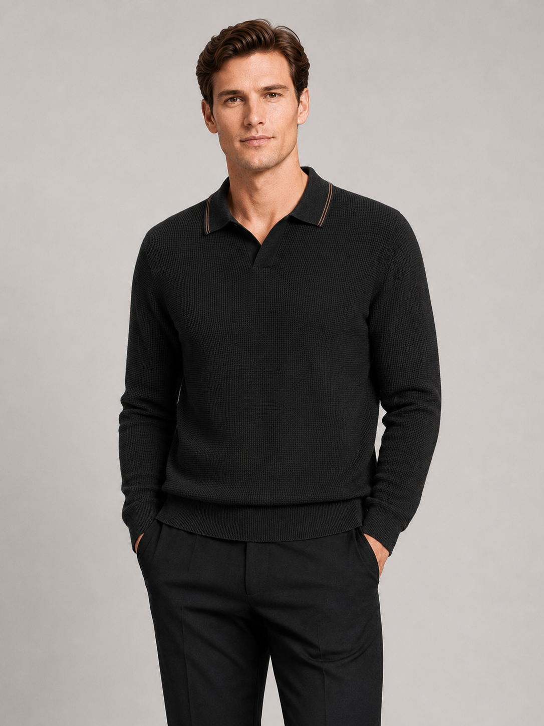 Men wearing black wool Johnny collar polo sweater long sleeve fall winter business casual style