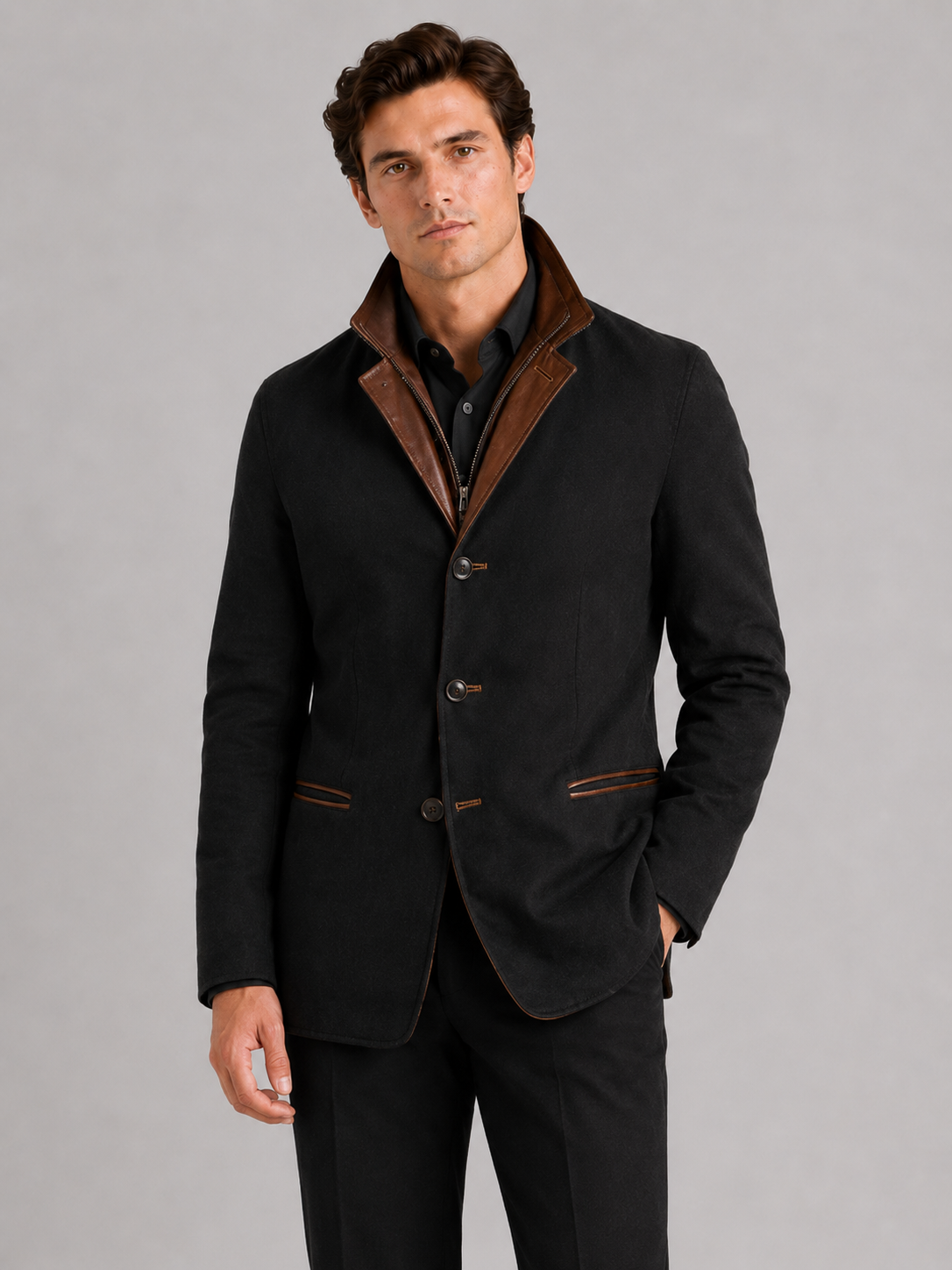 Men wearing black workwear fall jacket contrast color lapel casual streetwear style