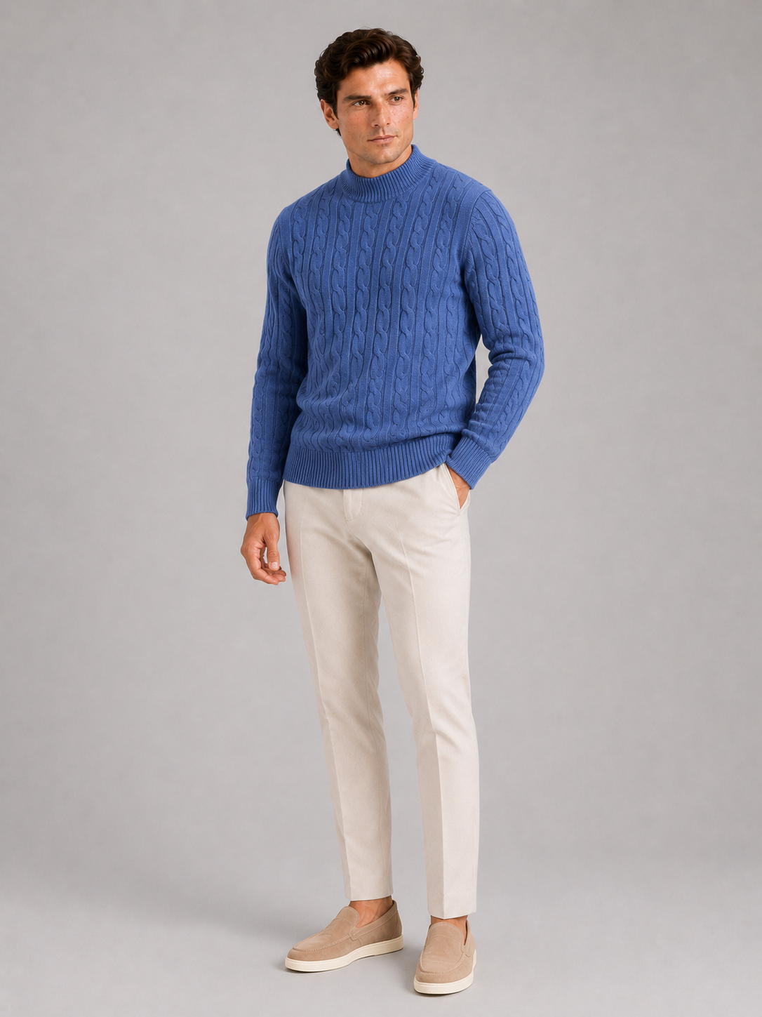 Blue wool cable knit mock neck sweater for men warm pullover for everyday winter wear