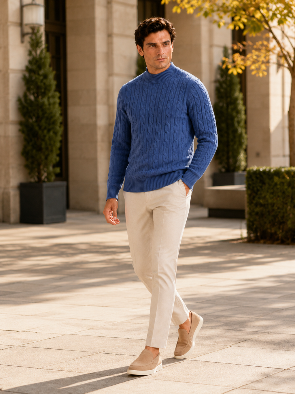 Man styling blue wool cable knit mock neck sweater in a refined fall winter lifestyle outfit