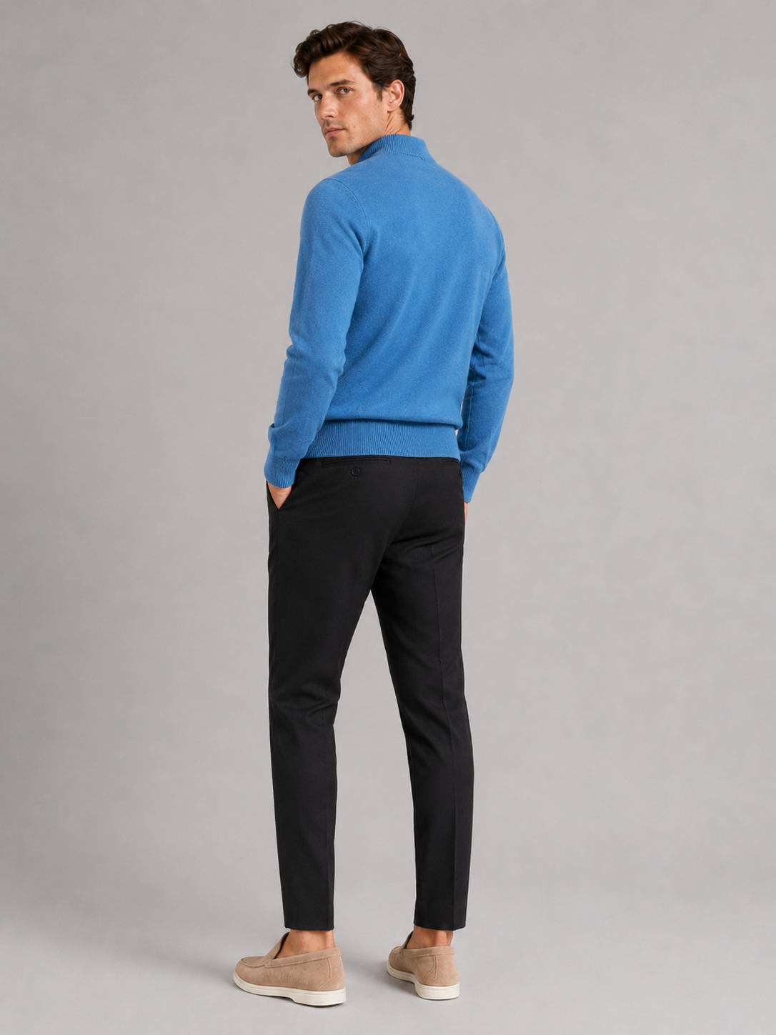 Men’s blue 100 percent wool sweater comfortable knit top for business casual and smart casual outfits