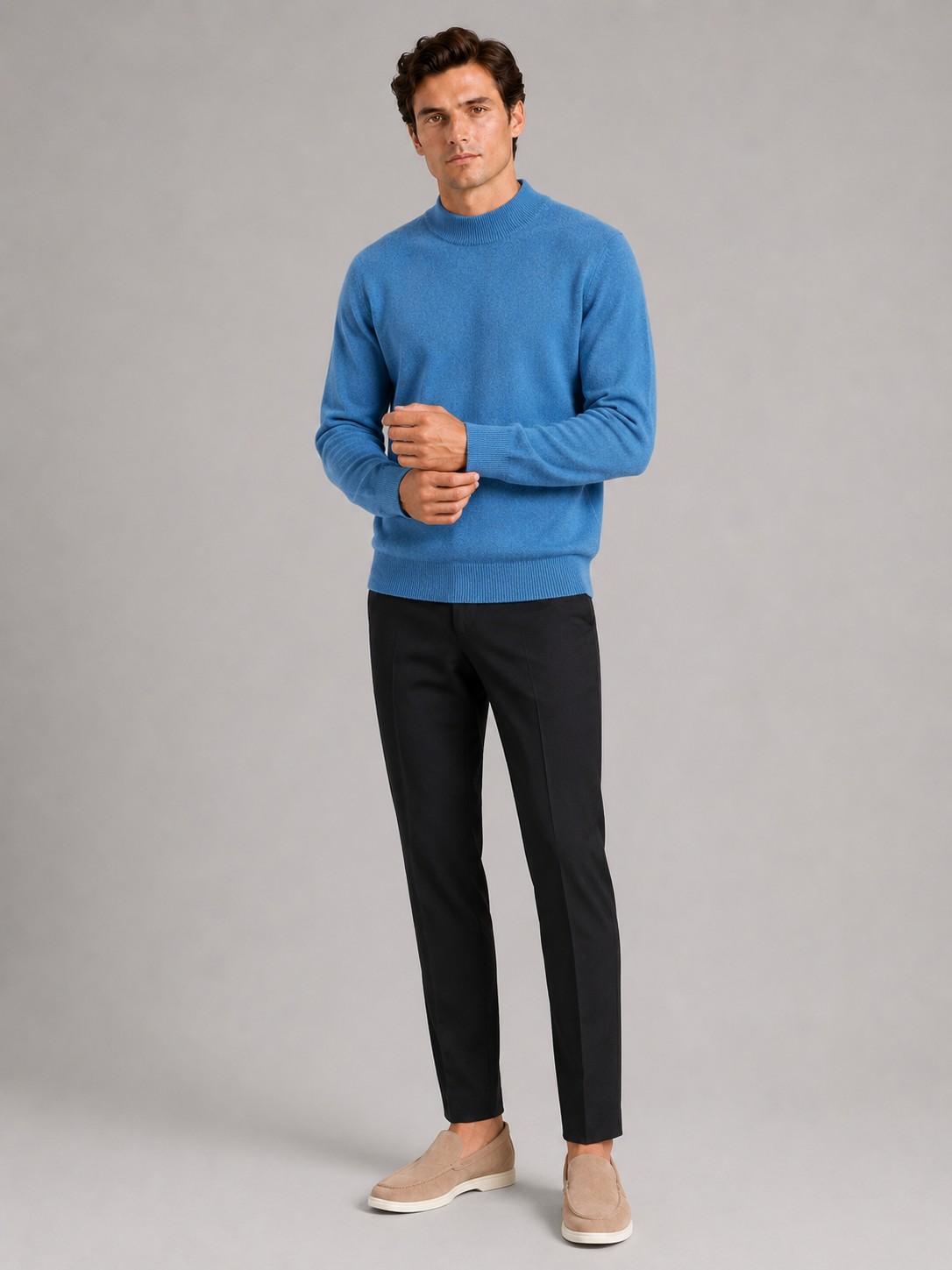 Blue wool mock neck sweater for men warm winter pullover for everyday and office wear