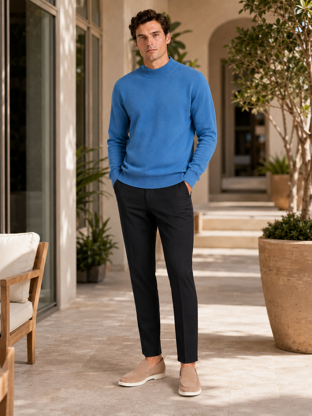 Man styling blue wool mock neck sweater in a polished fall winter lifestyle outfit